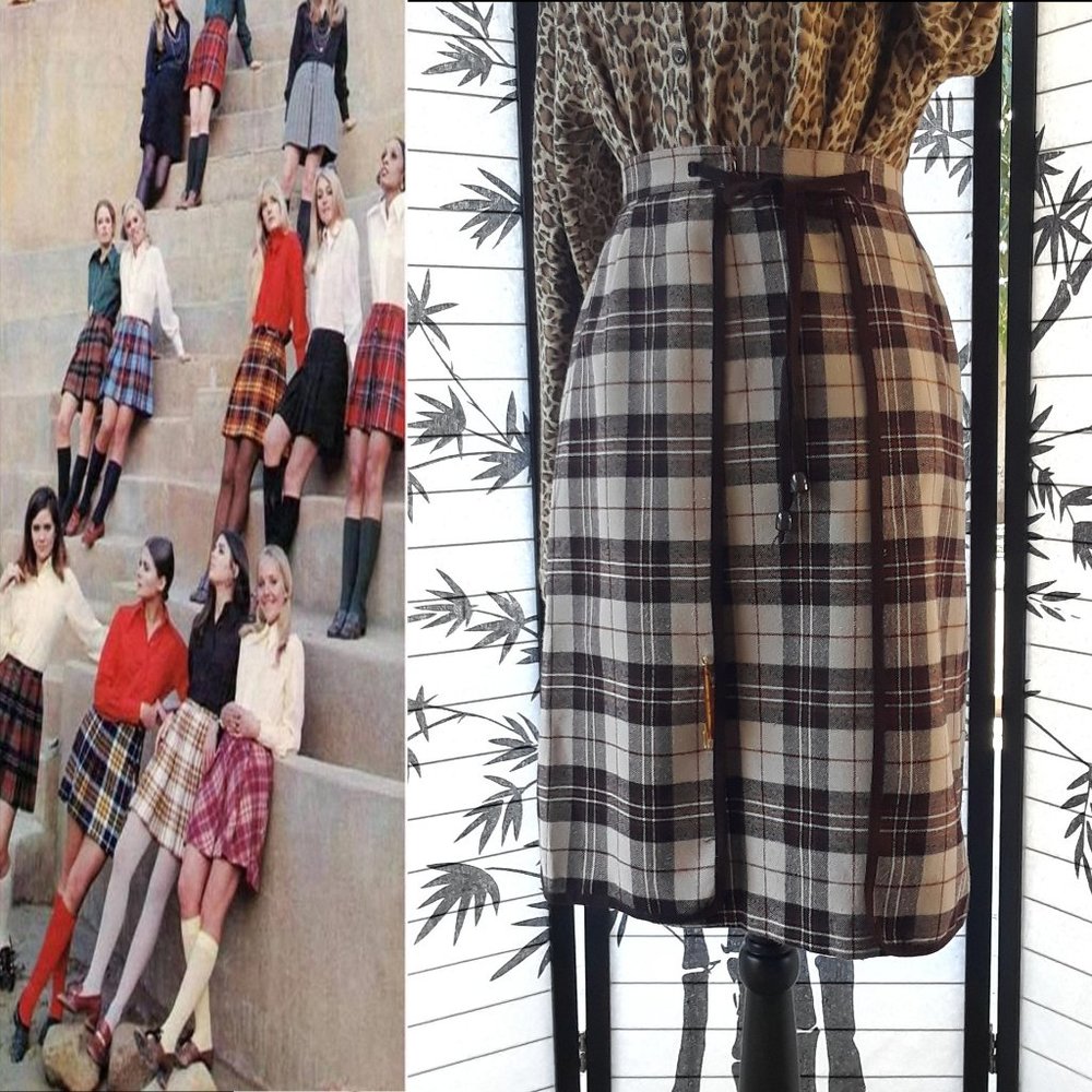 Vintage Brown Plaid Side Tie High Waisted A Line Skirt With Pink